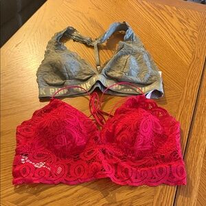 Victoria's Secret Red and olive green Lace Bralette Duo